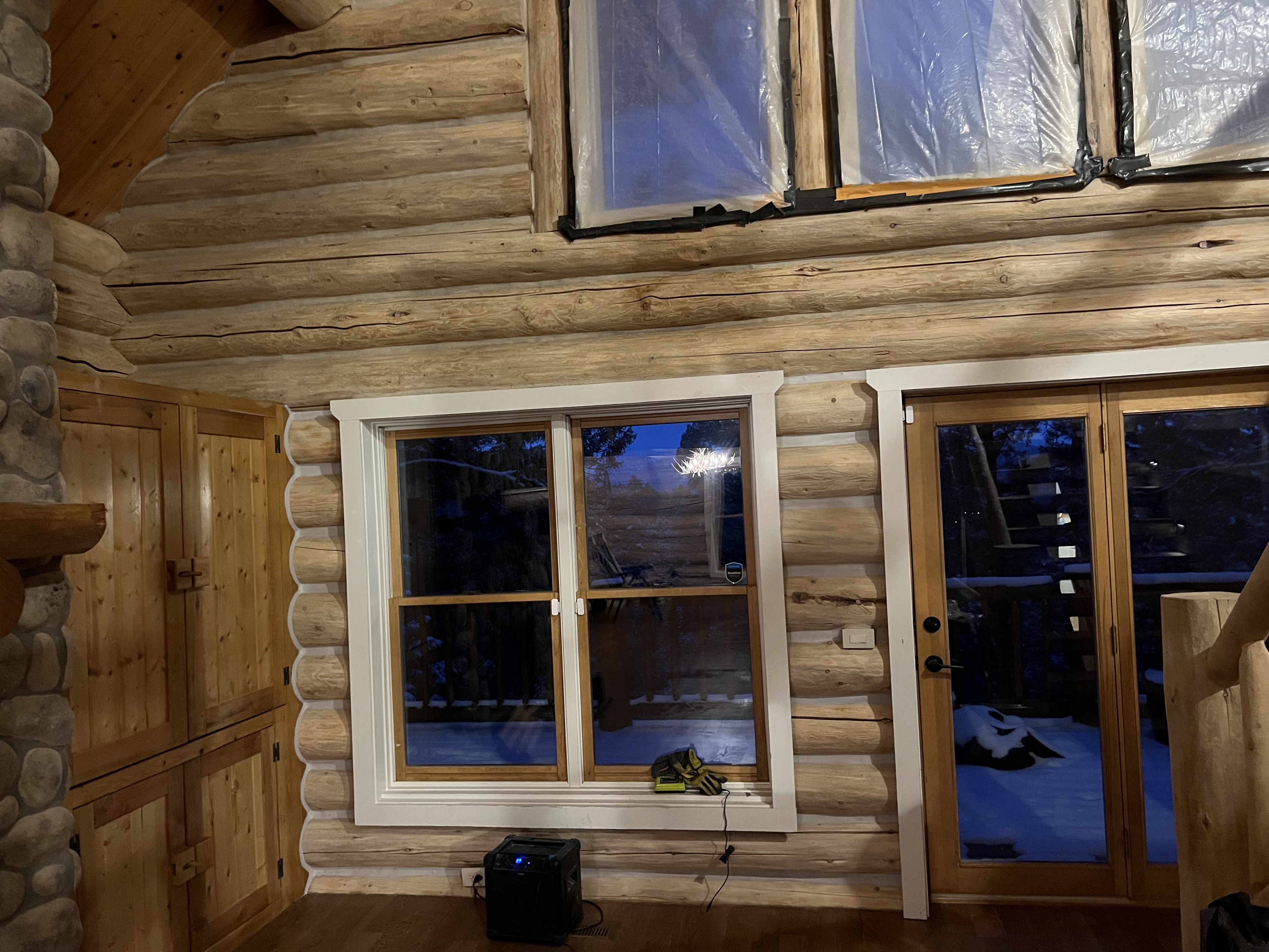 Media blasting process on Colorado log home