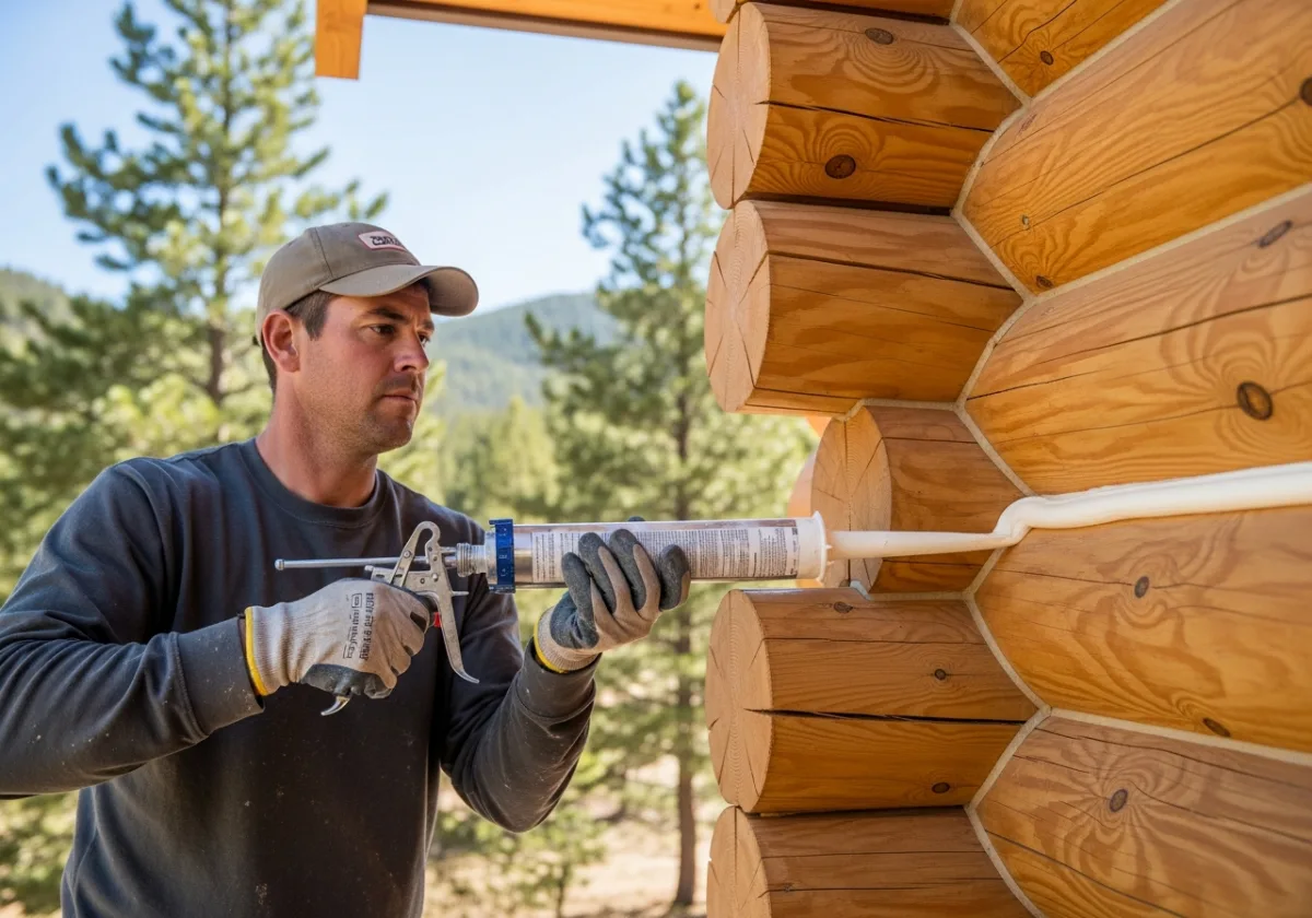 Professional log home contractor applying a bead of synthetic chinking between stained logs with a bulk chinking gun on a Colorado log home