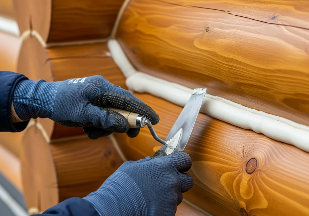 Close-up of a craftsman tooling and smoothing freshly applied chinking between log home logs with a steel trowel for a clean mortar-like finish