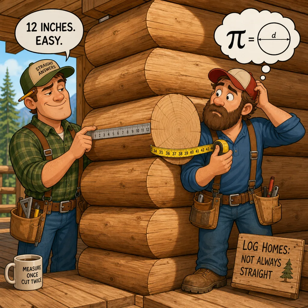 Cartoon of two contractors measuring a log home — one holding a flat ruler against the wall, the other wrapping a tape measure around a round log
