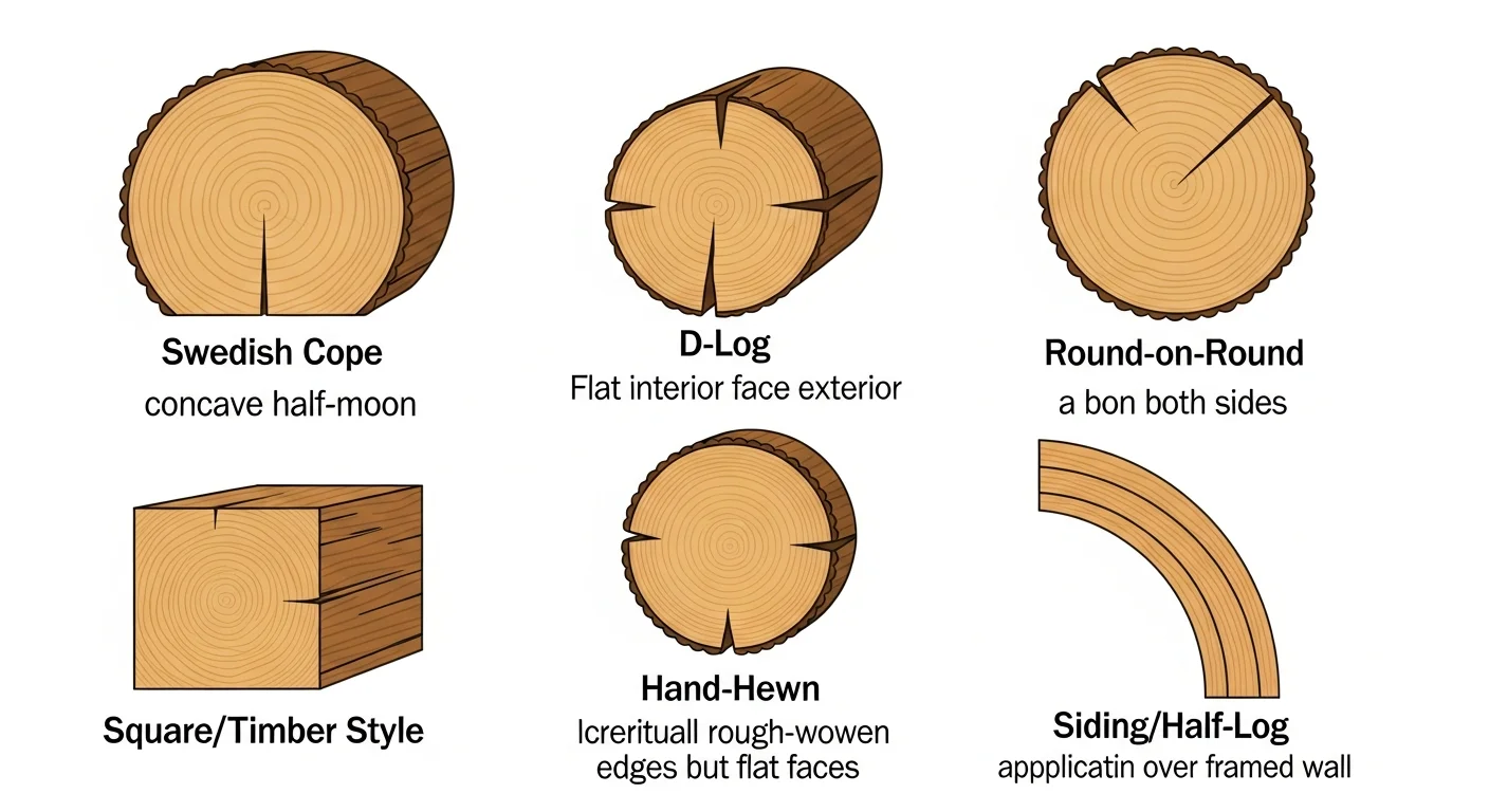 Overview of log home profile types including Swedish Cope, D-Log, Round, and more