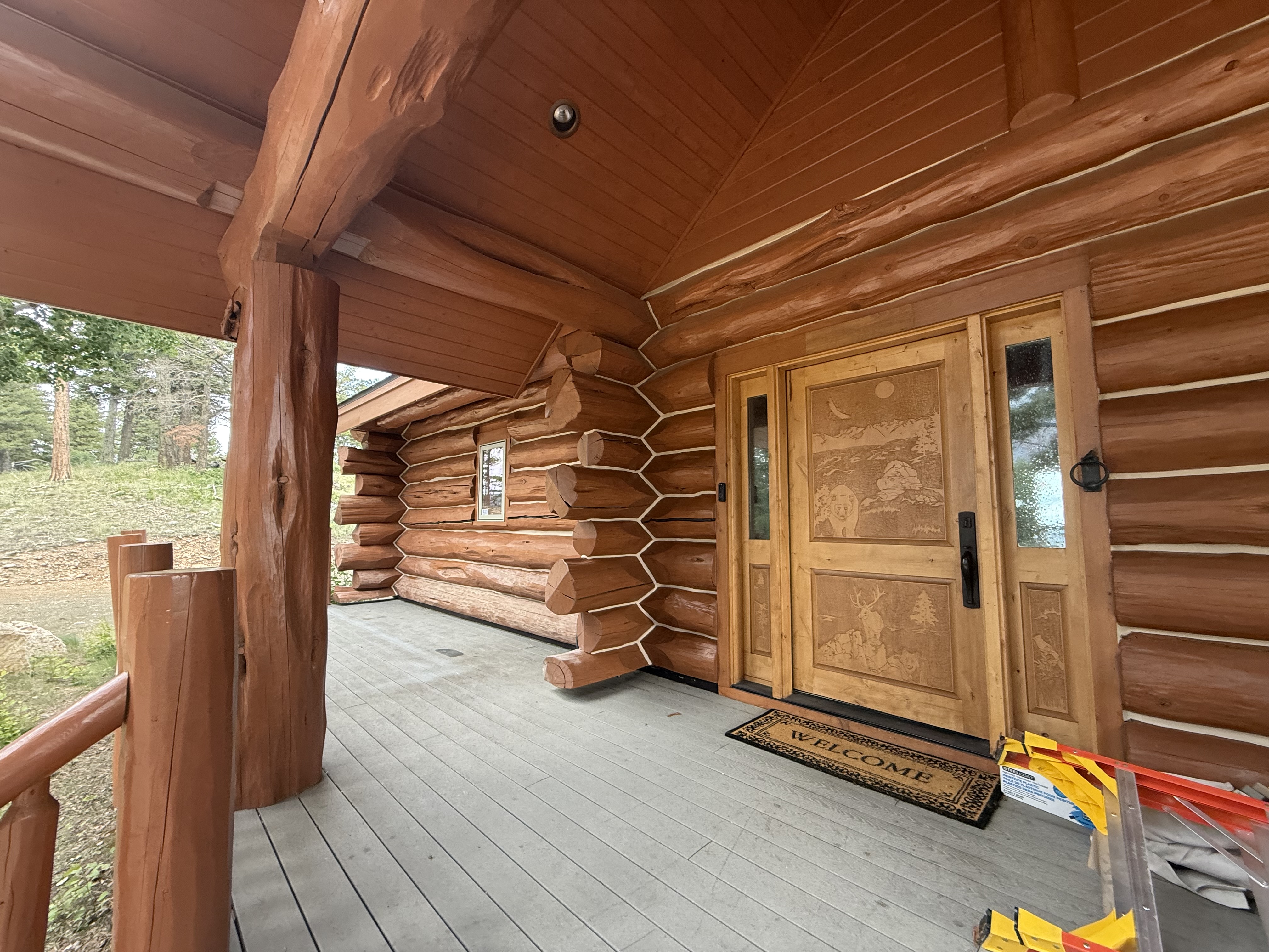 Log deck repair showing structural reinforcement and shoring techniques