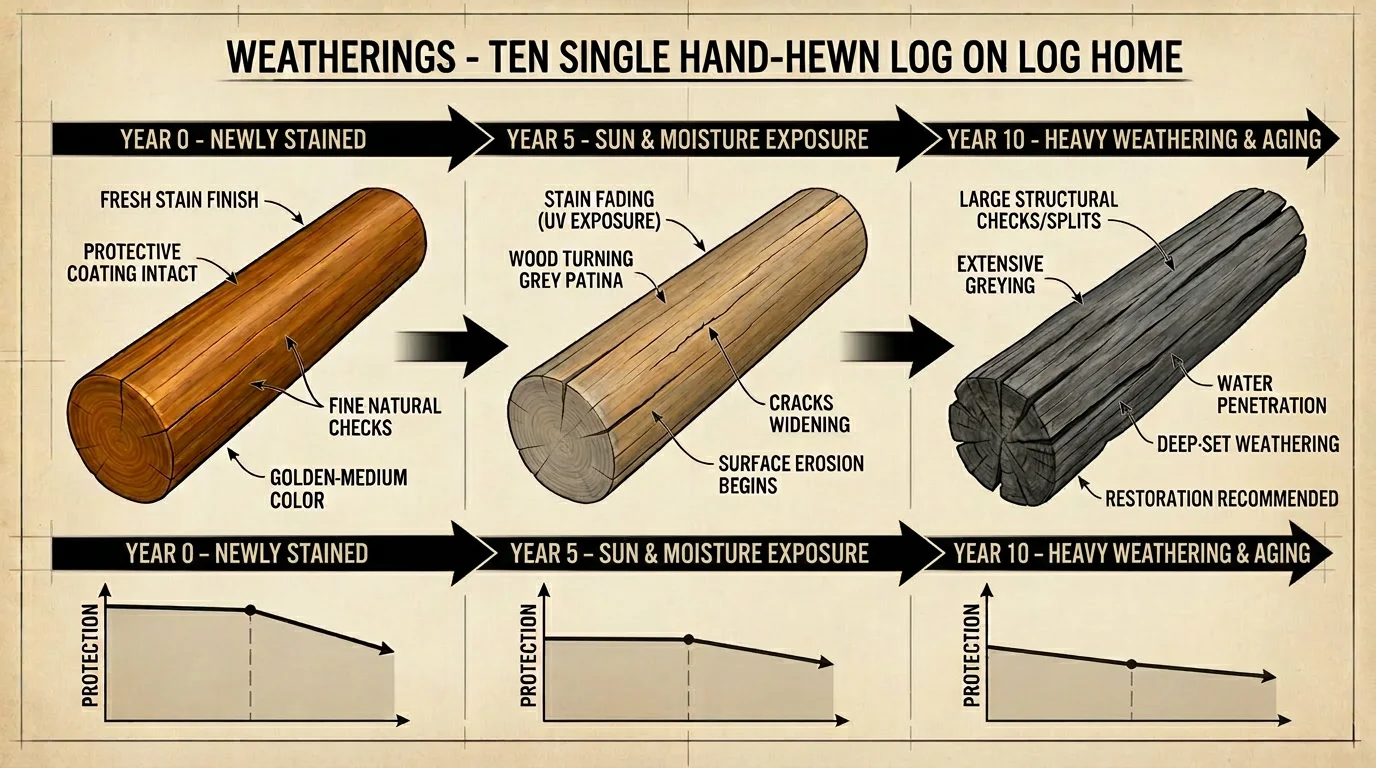 Infographic showing the weathering timeline of a hand-hewn log over 10 years — from freshly stained at Year 0 through UV fading and surface erosion at Year 5 to deep structural damage at Year 10