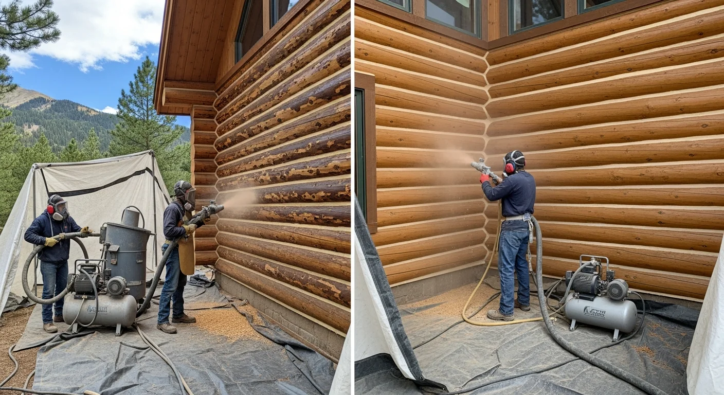 Professional media blasting services for log homes in Summit and Park Counties Colorado - restoring natural wood beauty with corn cob, walnut shell, and crushed glass blasting